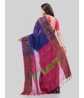 DESH BIDESH Women`s Tant Cotton Silk Handloom Cotton Saree Pushpomala With Blouse Piece(Blue Pink)